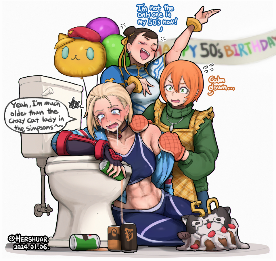 2024 3girls abdomen abs aged_up alcohol beer birthday birthday_cake cammy_white cat chun-li comedy crying female fully_clothed funny hershuar humor juni_(street_fighter) street_fighter street_fighter_6