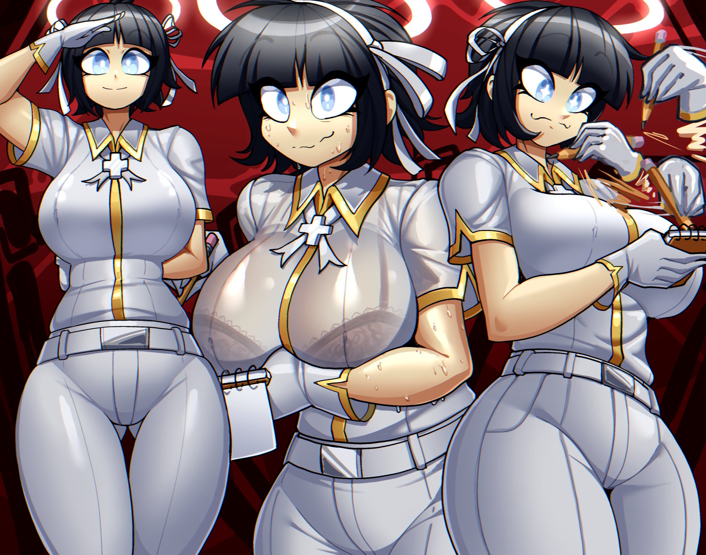 1girls, angel, angel girl, ass visible through thighs, azazel (helltaker), big breasts, bra, breasts, female, female only, helltaker, see-through clothing, thick thighs, zzzhodazzz