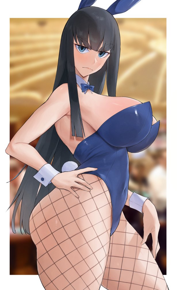 1girls ass big_breasts black_hair blue_eyes bunny_ears bunnysuit cleavage female female_only fishnet_legwear fishnets kataku_musou kill_la_kill kiryuuin_satsuki large_breasts looking_at_viewer playboy_bunny playboy_bunny_costume solo thighs