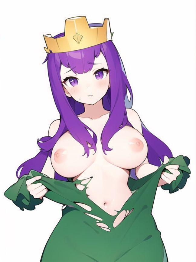 1girls ai_generated archer_queen_(clash_of_clans) archer_queen_(clash_royale) big_breasts blush blushing breasts brushing clash_(series) clash_of_clans clash_royale clothed_female clothed_female_nude_male crown embarrassed embarrassed_female exposed_breasts female female_only green_skin long_hair looking_at_viewer purple_eyes purple_hair ripping_clothing solo solo_female supercell sweatdrop topless topless_female white_background white_body