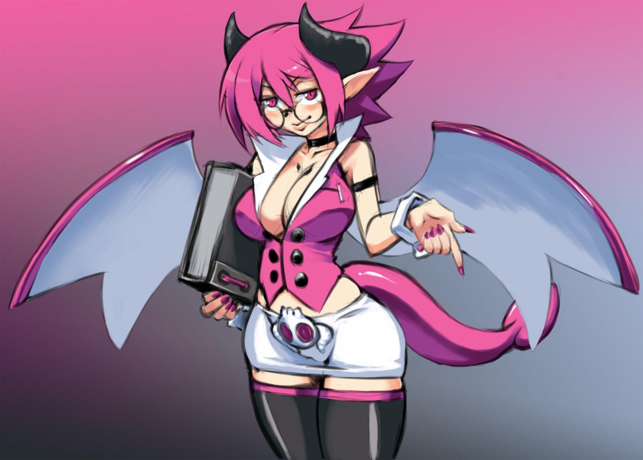 adult aged_up big_breasts breasts cleavage demon demon_girl demon_horns demon_tail demon_wings disgaea disgaea_3 glasses hips huge_breasts huge_hips large_breasts looking_at_viewer master_oki_akai milf milfification nippon_ichi_software pink_hair raspberyl seductive seductive_look short_skirt teacher thighhighs wide_hips