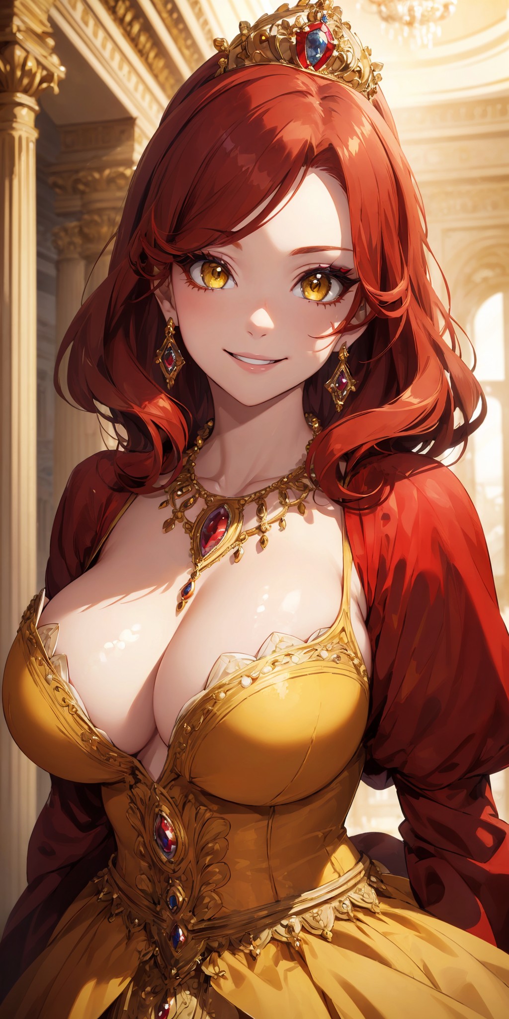 1girls, 2024, ai generated, armpits, big breasts, breasts, cleavage, collarbone, dark brown hair, dress, earrings, elegant, elegant dress, female, female only, high resolution, highres, hips, hourglass figure, large breasts, looking at viewer, makeup, medium hair, mommy, necklace, original, original character, palace, parted lips, red eyes, room, self upload, smile, smiling, smiling at viewer, solo, stable diffusion, standing, thighs, tiara, toned, toned body, toned female, voluptuous, voluptuous female, yellow dress, yellow eyes, yodayo