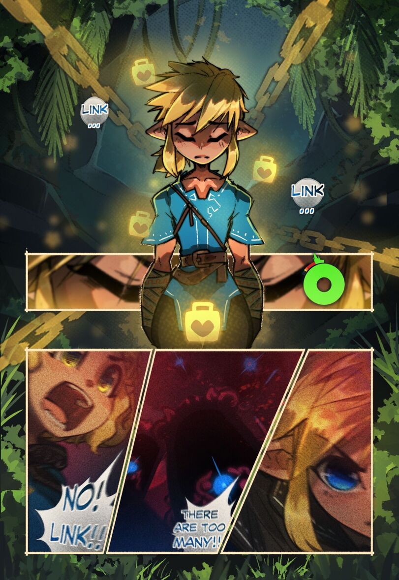 1boy, 1girls, bisexual, breath of the wild, comic, female, guardian (zelda), light skin, light-skinned female, light-skinned male, link, link (breath of the wild), link (tears of the kingdom), male, nintendo, pokilewd, princess zelda, tears of the kingdom, the legend of zelda, zelda (tears of the kingdom)