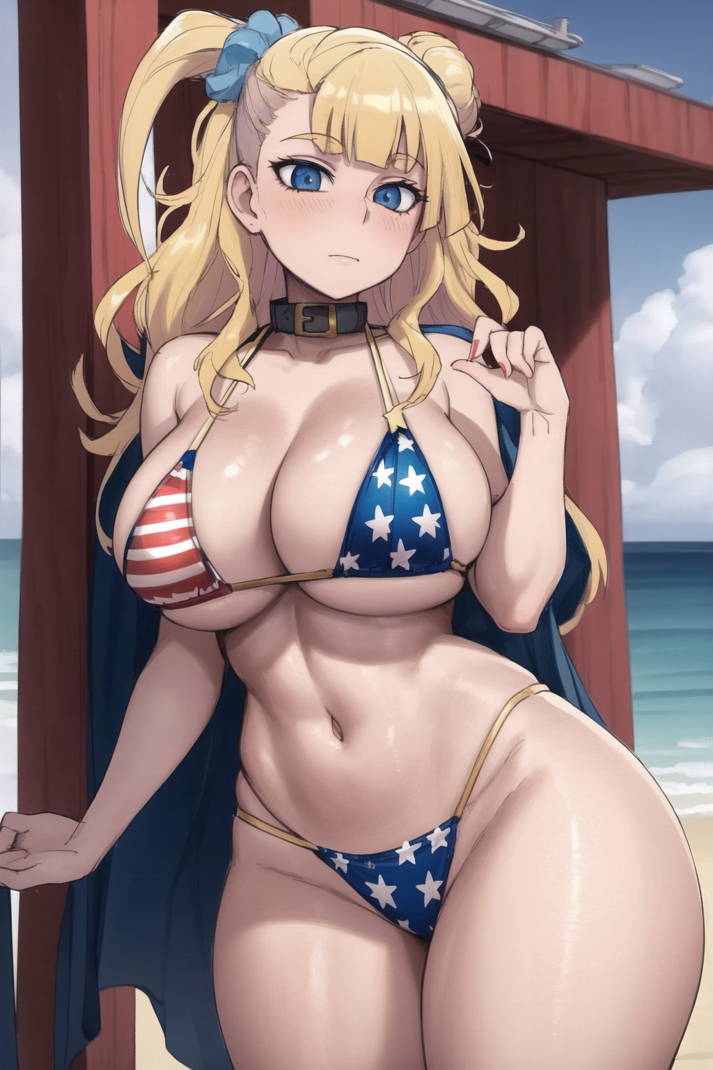 1girls ai_generated american_flag_bikini beach big_breasts bikini blonde_hair blue_eyes breasts cleavage curvaceous curvy_body curvy_female feet_out_of_frame female female_focus galko hair_bun hair_ornament light-skinned_female light_skin looking_at_viewer nail_polish oshiete!_galko-chan outside side_bun standing thick thick_thighs voluptuous voluptuous_female water wide_hips