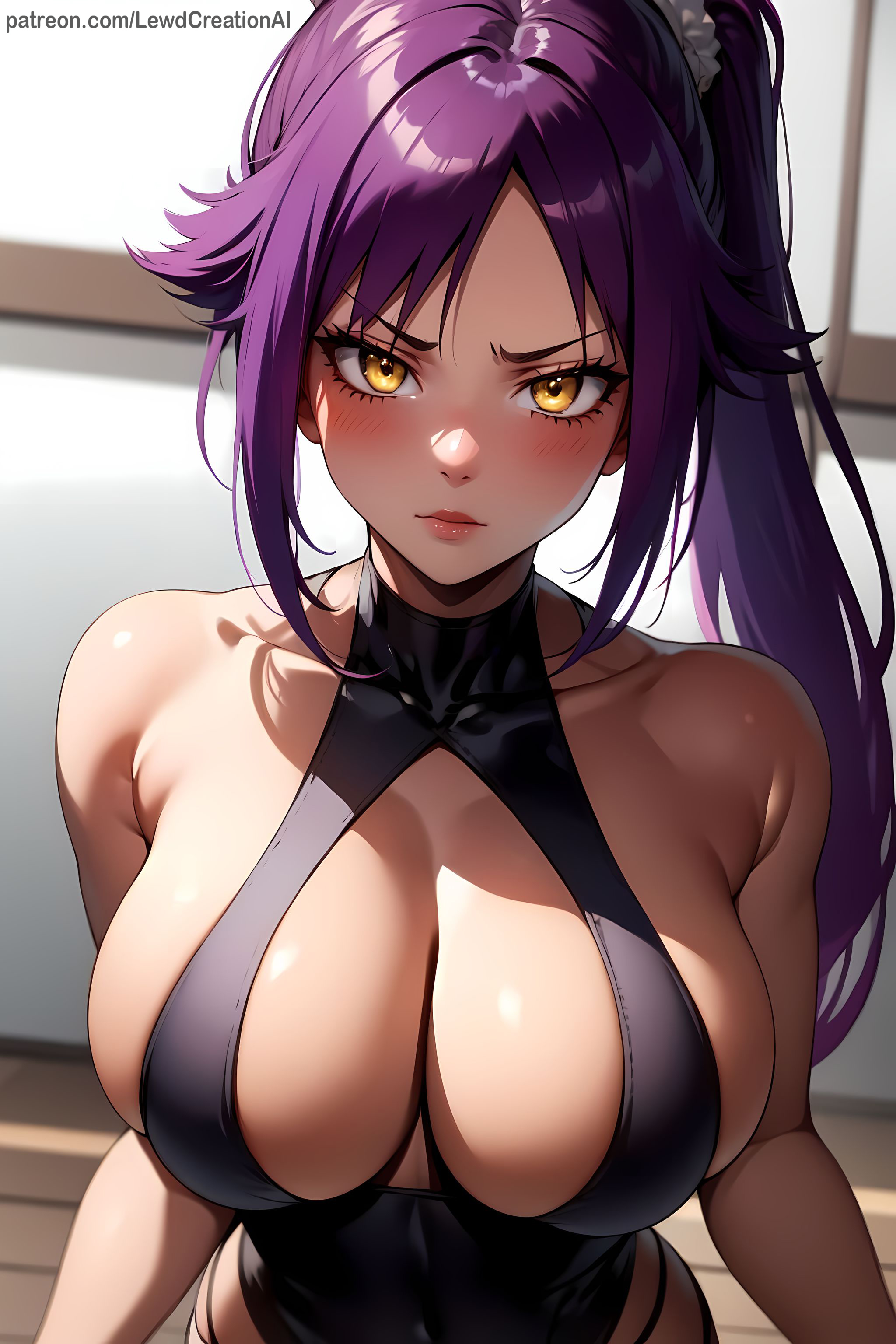 ai generated, annoyed, bare shoulders, big breasts, bleach, blush, blush lines, blushing at viewer, bodysuit, breast squeeze, breasts, cleavage, closed mouth, dark skin, dark-skinned female, dominant, dominant female, domination, female, glowing eyes, huge breasts, lewdcreationsai, looking at viewer, nipples, ponytail, pov, purple hair, shihouin yoruichi, smirk, tight clothing, tight fit, toned, toned female, yellow eyes