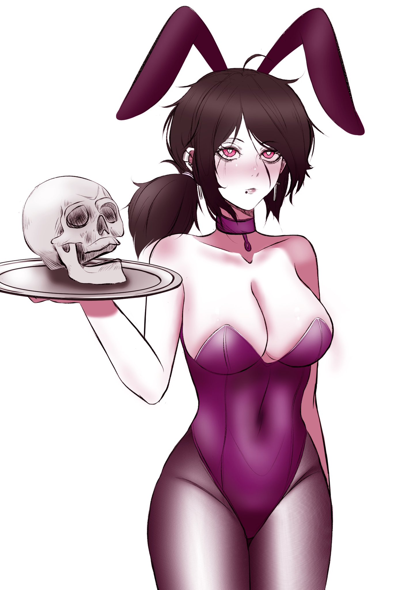 1girls, 33rdshiki, ashley graves, beauty mark, big breasts, blush, breasts, bunnysuit, cleavage, collar, female, skull, solo, standing, the coffin of andy and leyley, white hair
