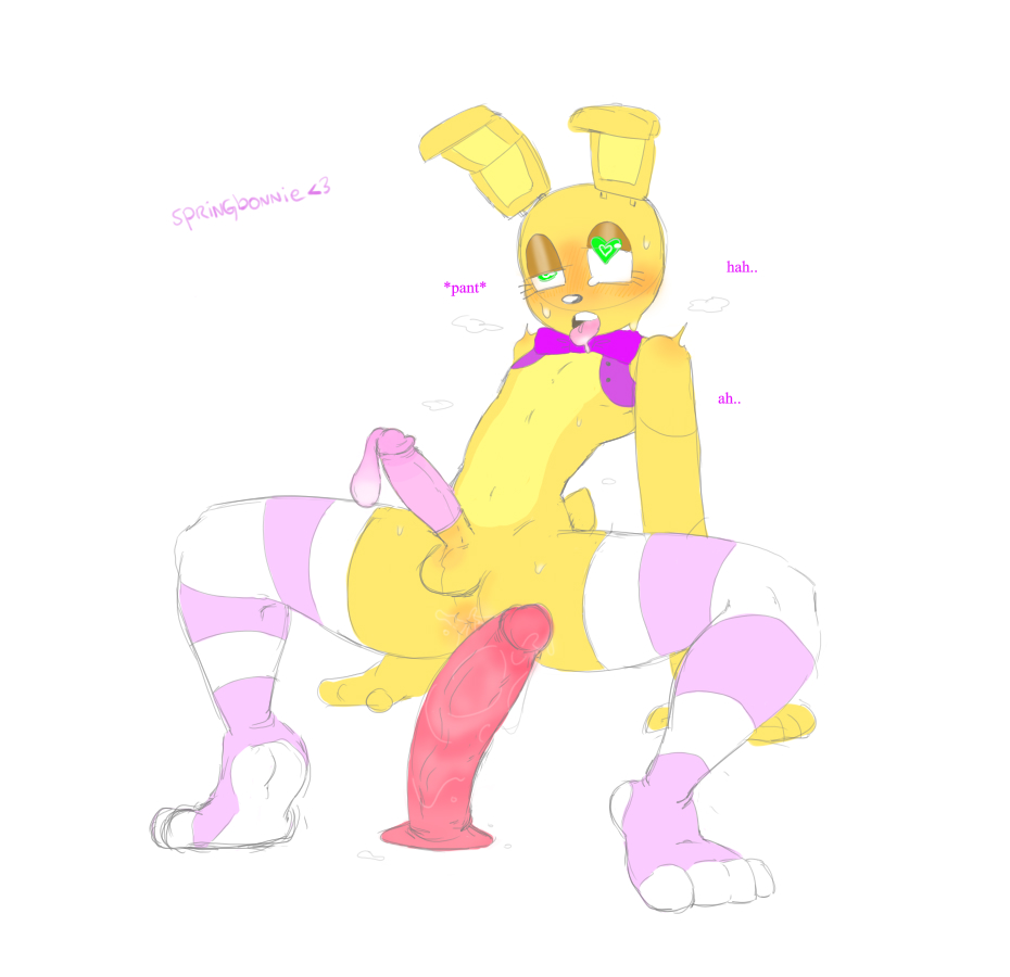 1boy, 1femboy, animatronic, anthro, arms behind back, blush, bowtie, bunny, bunny boy, bunny ears, bunny tail, condom on penis, dildo, femboy, five nights at freddy's, full condom, male, male focus, male only, no background, penis, sex toy, simple background, solo, solo femboy, solo male, spring bonnie, spring bonnie (fnaf), stockings, tagme