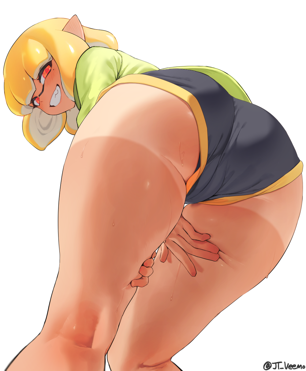 1girls agent_4_(splatoon) ass ass_focus female inkling inkling_girl jtveemo mole_under_eye orange_eyes short_hair shorts solo solo_female splatoon splatoon_2 splatoon_2:_octo_canyon sweat tanline thick_thighs