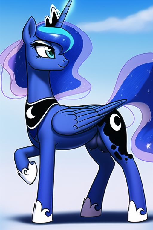 ai_generated blue_body blue_eyes blue_fur blue_hair blue_nipples blue_tail crotchboobs crown cutie_mark equid equine female feral feral_only folded_wings friendship_is_magic hasbro horn horse mammal mare my_little_pony nipples pony princess_luna_(mlp) shoes smile solo tail wings