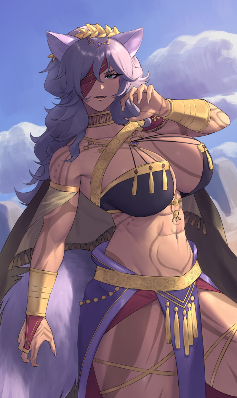 1girls 2024 abs alternate_costume animal_ears bandage_over_one_eye blue_sky body_markings bracelet breasts bridal_gauntlets cape claw_pose cleavage cloud commentary_request dark-skinned_female dark_skin eyelashes fangs female female female_only fire_emblem fire_emblem:_radiant_dawn fire_emblem_heroes fluffy_tail green_eyes grey_cape hair_ornament highres jewelry large_breasts long_hair looking_at_viewer nailah_(fire_emblem) nailah_(hatari)_(fire_emblem) navel neck_ring nintendo official_alternate_costume one_eye_covered open_mouth pelvic_curtain purple_hair purple_tail shou_illust sky solo standing tail tattoo wolf_ears wolf_girl