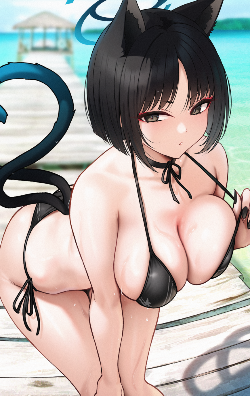 1girls allied_hyakkiyako_academy_student black_hair blue_archive breasts cat_ears catgirl female hips hyakkaryouran_conflict_resolution_council_(blue_archive) kikyou_(blue_archive) large_breasts light-skinned_female light_skin short_hair solar_(happymonk) tail thick_thighs thighs wide_hips