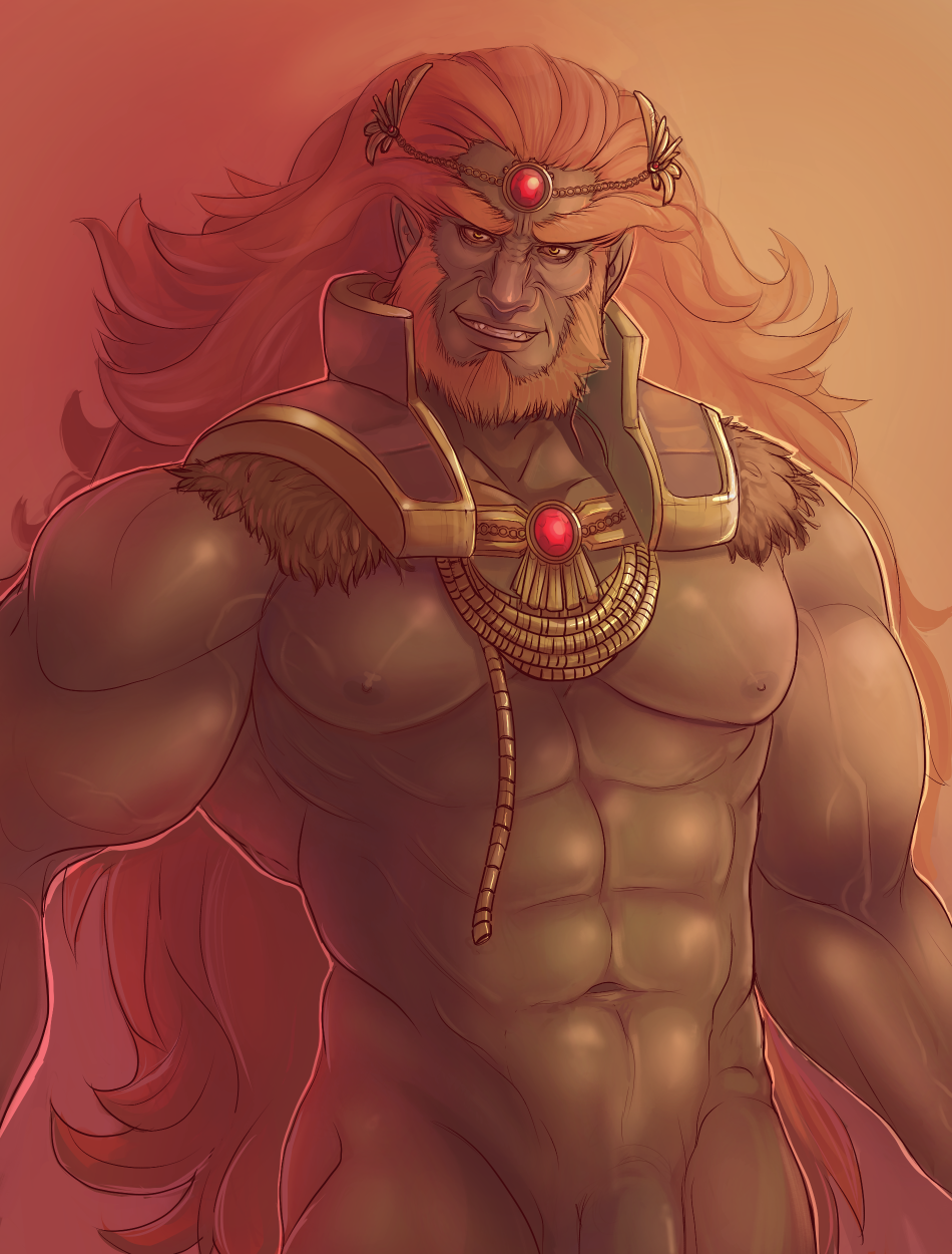 1boy abs armor bara bare_pectorals beard benzy_(artist) bottomless circlet colored_skin cowboy_shot facial_hair flaccid fur-trimmed_armor fur_trim ganondorf ganondorf_(hyrule_warriors) gem gradient_background green_skin highres hyrule_warriors large_pectorals long_hair looking_at_viewer male_focus male_only mature_male muscular muscular_male navel nipples nude orange_hair pectorals penis_out_of_frame pointy_ears red_gemstone sharp_teeth shoulder_armor simple_background smile solo teeth the_legend_of_zelda thick_beard veins veiny_arms very_long_hair