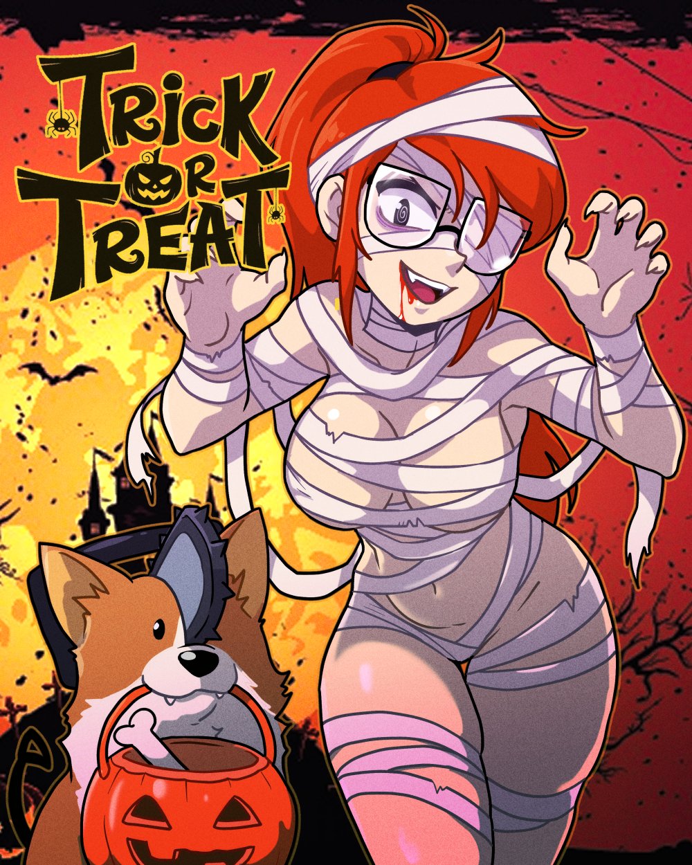 belly_button canine centinel303 chainsaw_man claws glasses halloween hourglass_figure infinity_train large_breasts midriff mummy mummy_costume mummy_wrappings navel orange_hair pochita_(chainsaw_man) ponytail pose posing stomach swirly_eyes trick_or_treat tulip_olsen voluptuous voluptuous_female wide_hips wrapped wrapped_up wrappings wraps