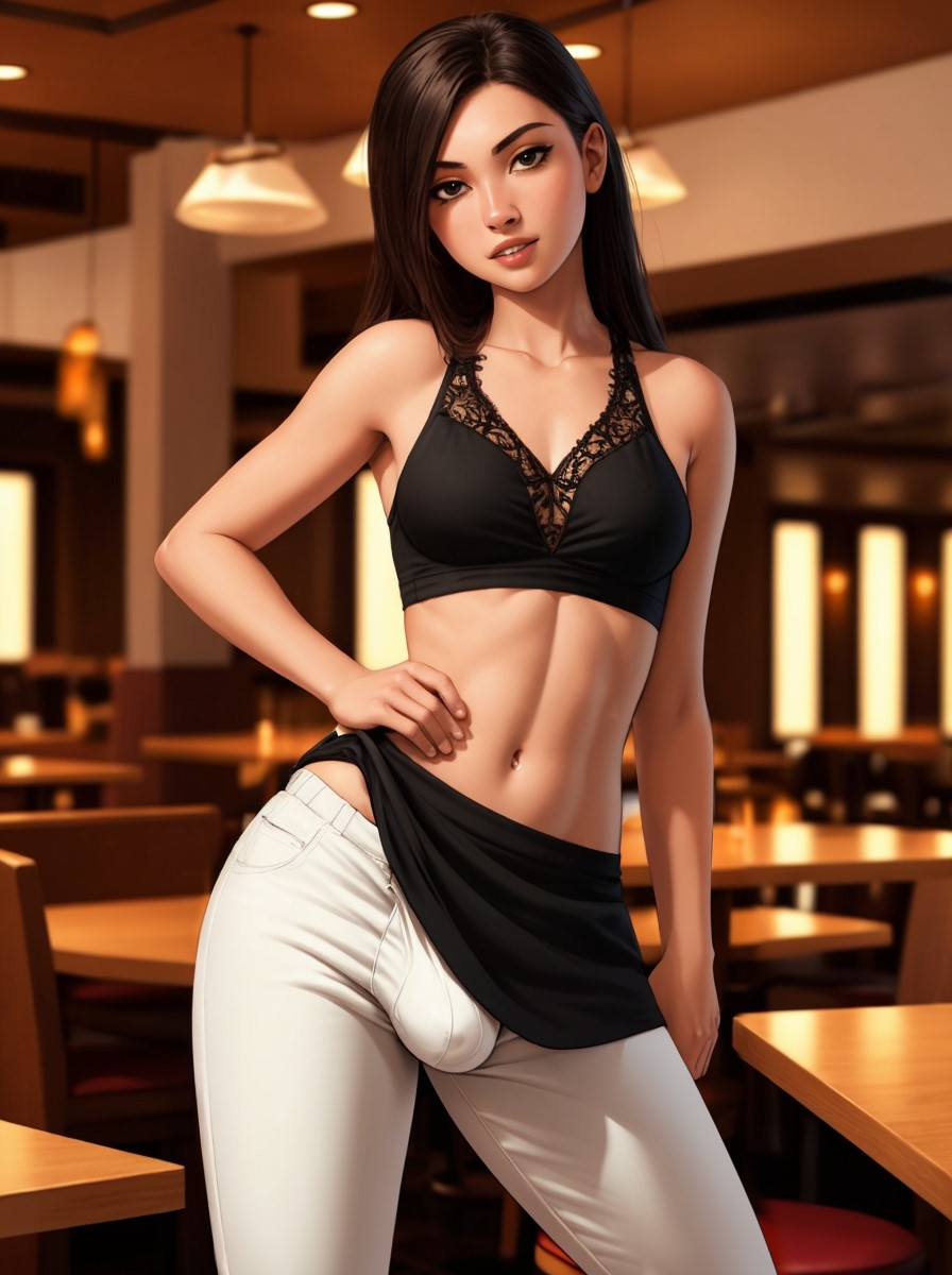 1futa, ai generated, athletic, athletic futa, balls, balls bulge, balls under clothes, breasts, bulge, dickgirl, flaccid, fully clothed, futa only, futanari, intersex, makychan, penis, penis bulge, penis under clothes, precum, restaurant, small breasts, toned, waitress