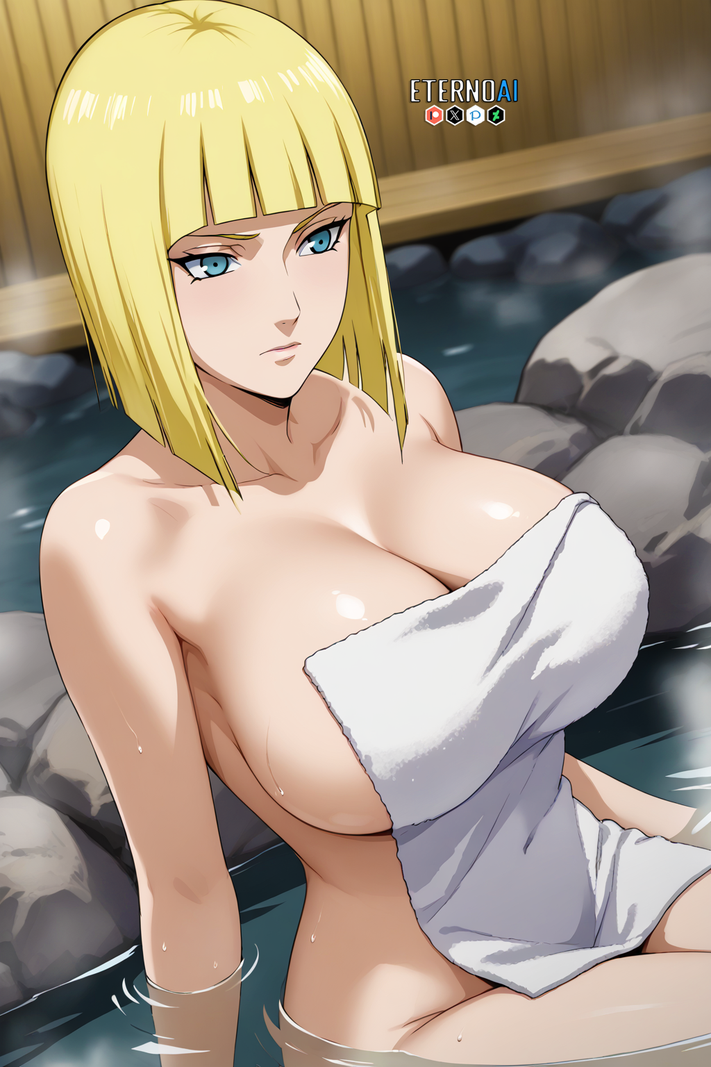 1girls ai_generated bare_shoulders barely_clothed bathing big_breasts blonde_hair blue_eyes blunt_bangs bob_cut breasts busty cleavage clenched_teeth deviantart_username embarrassed eternoai expressionless female female_only high_resolution hot_spring hourglass_figure long_hair looking_at_viewer mature mature_female milf naruto naruto_(series) naruto_shippuden onsen partially_submerged patreon_username pelvic_line pinup pixiv_username presenting presenting_breasts relaxing samui sauna short_hair sitting solo solo_focus steam towel towel_only twitter_username url voluptuous voluptuous_female water watermark web_address white_towel yellow_hair