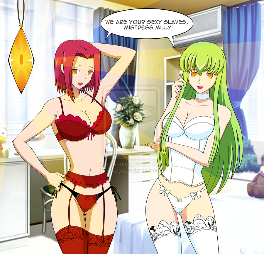 2girls bra breasts c.c. choker code_geass crystal dialogue female_only femdom femsub garter_belt garter_straps green_hair happy_trance hypnosis jimryu kallen_stadtfeld large_breasts lingerie long_hair mind_control panties pendulum red_hair short_hair side-tie_panties standing text thighhighs underwear