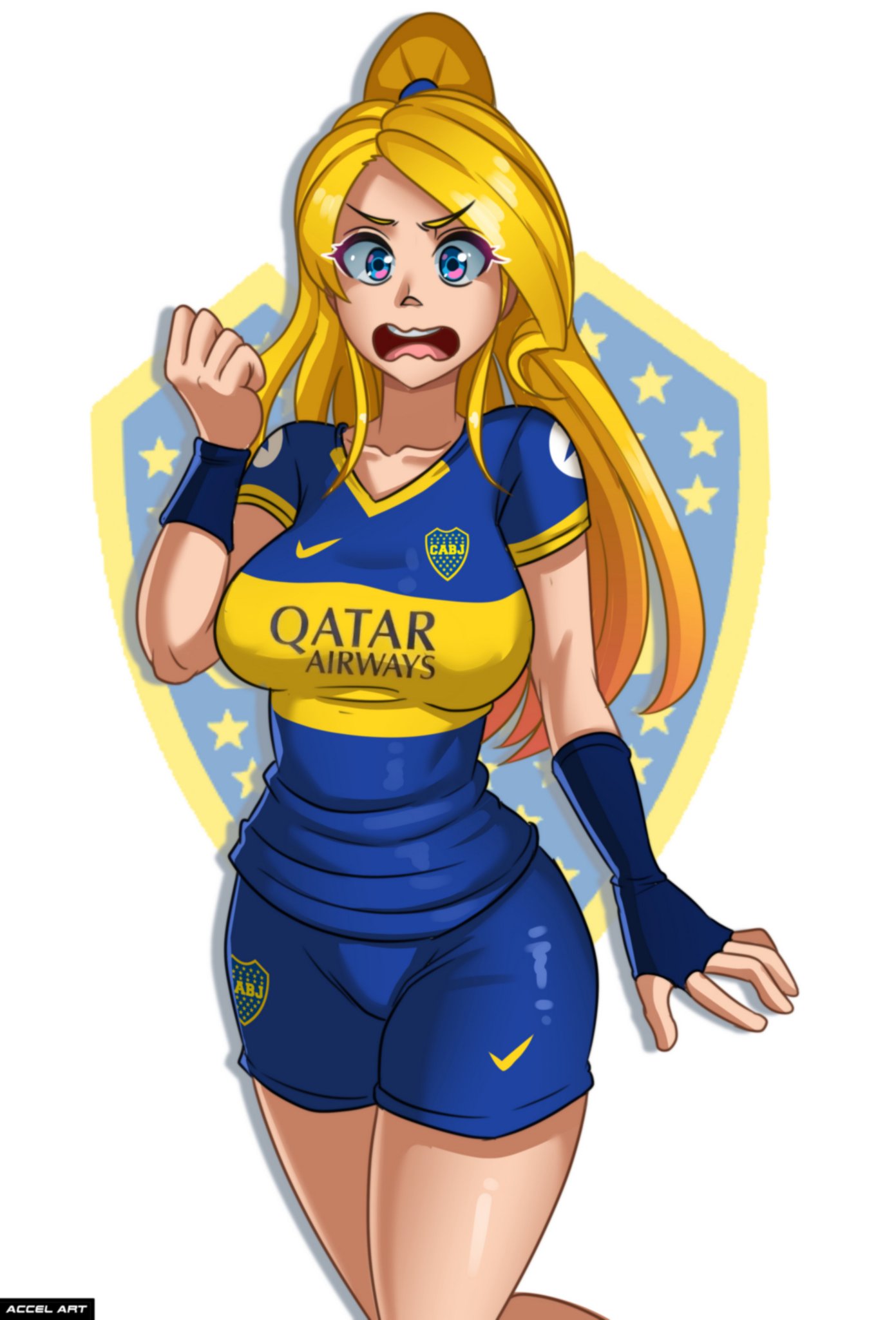 1girls accelart argentina big_ass big_breasts blonde_hair boca_juniors bocajuniors female female_only hourglass_figure national_personification nike ponytail soccer soccer_uniform solo spanish_text surprised surprised_expression