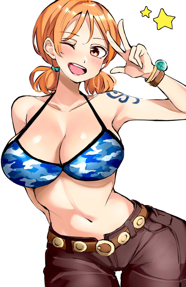 1girls arm_up big_breasts blush bra clothed clothing eye_closed female female_focus female_only greeting jewelry kasumi6 large_breasts looking_at_viewer nami one_piece open_mouth orange_eyes orange_hair pre-timeskip short_hair sky_island_saga skypiea solo solo_female tattoo thick_thighs