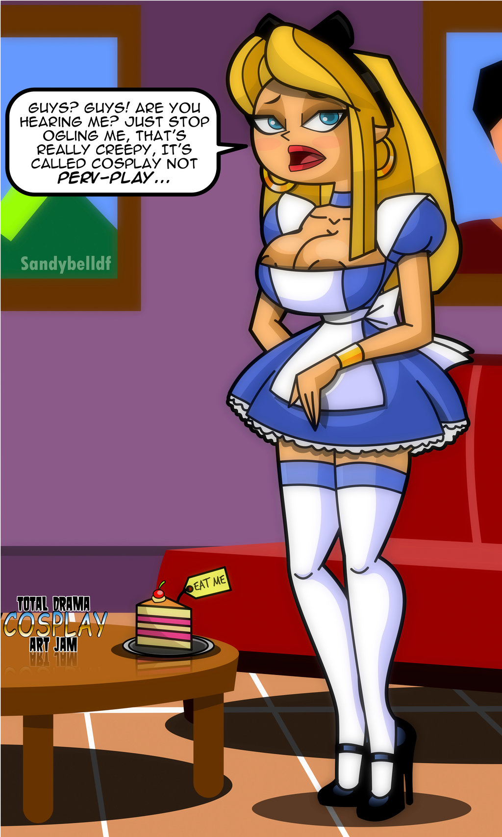 alice_in_wonderland alice_liddell_(cosplay) blaineley_(tdi) blonde_hair breasts busty cleavage cosplay female female_focus female_only high_heels hourglass_figure long_hair public_domain sandybelldf standing tagme total_drama_island wide_hips