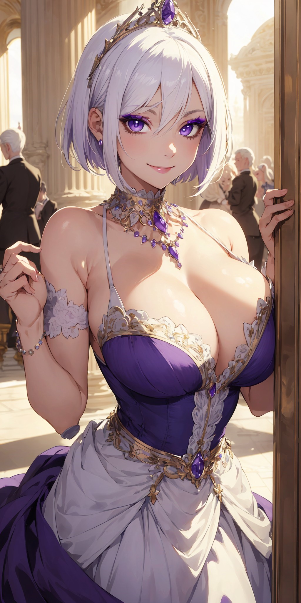 1girls, 2024, ai generated, armpits, big breasts, bob cut, breasts, cleavage, collarbone, dress, earrings, elegant, elegant dress, female, female only, high resolution, highres, hips, hourglass figure, large breasts, looking at viewer, makeup, mommy, necklace, original, original character, palace, parted lips, purple eyes, room, self upload, short hair, smile, smiling, smiling at viewer, solo, stable diffusion, standing, thighs, tiara, toned, toned body, toned female, violet eyes, voluptuous, voluptuous female, white hair, yodayo