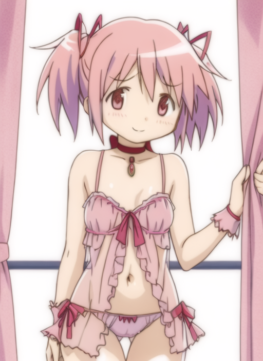 1girls ai_generated ass_visible_through_thighs backlighting bare_shoulders blush bow breasts choker collarbone cowboy_shot curtain_grab curtains dot_nose eyebrows_visible_through_hair female frills hair_ribbon indoors light_blush lingerie looking_at_viewer madoka_kaname navel negligee official_style panties pink_eyes pink_hair pink_panties pink_ribbon puella_magi_madoka_magica red_ribbon ribbon shiny_hair short_hair short_twintails small_breasts smile solo soul_gem thigh_gap thighs twintails underwear window