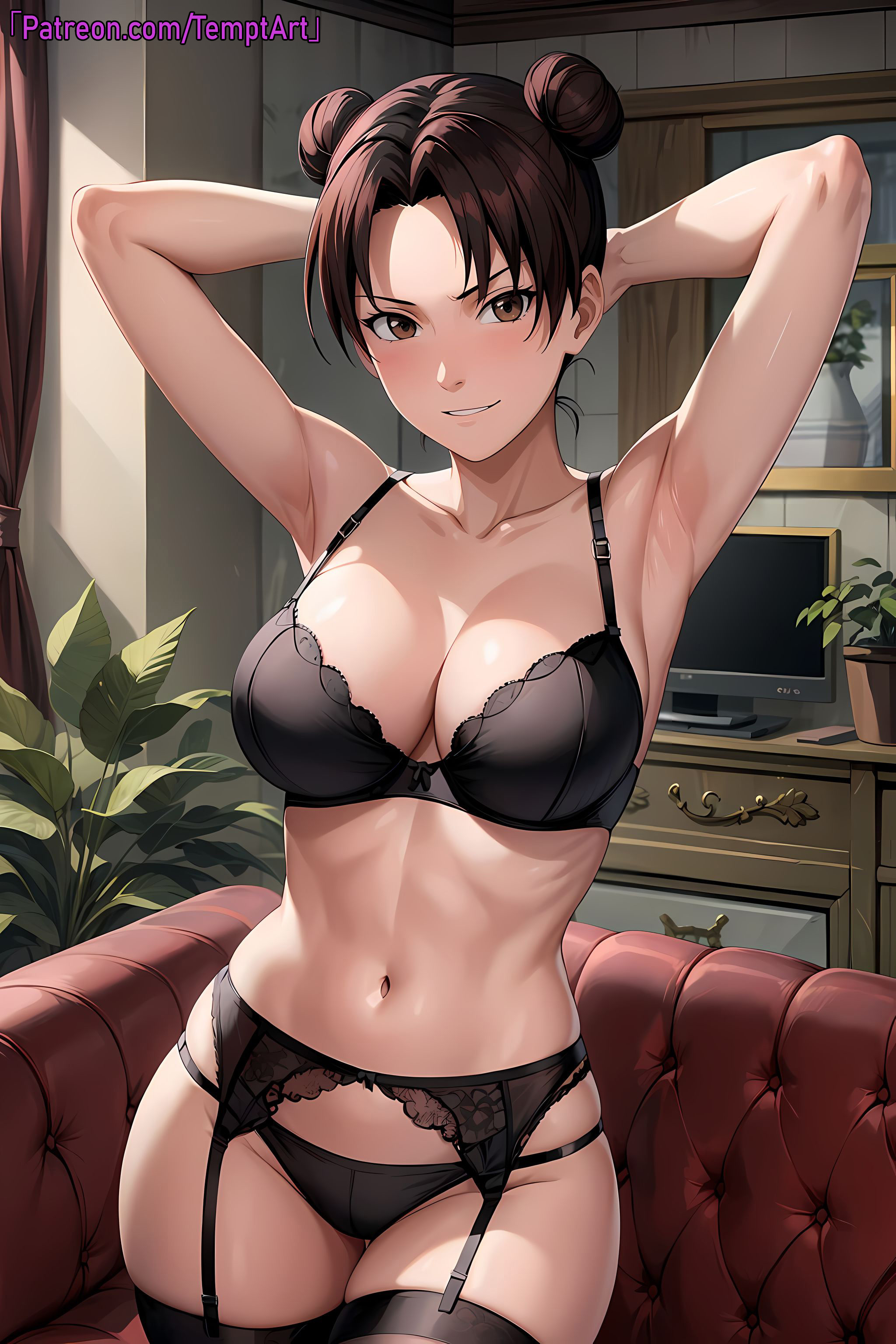 1girls, accurate art style, ai generated, alternate breast size, armpits, arms behind head, arms up, artist name, bangs, big breasts, bra, breasts, brown eyes, brown hair, cleavage, curvaceous, double bun, female, female focus, garter belt, garter straps, hair bun, huge breasts, indoors, light skin, light-skinned female, lingerie, looking at viewer, midriff, nai diffusion, naruto, naruto (classic), naruto (series), naruto shippuden, panties, patreon username, petite, pose, posing, posing for the viewer, stable diffusion, stocking, stockings, temptart, tenten, tied hair, twin buns, underwear, underwear only, url, voluptuous, watermark, web address