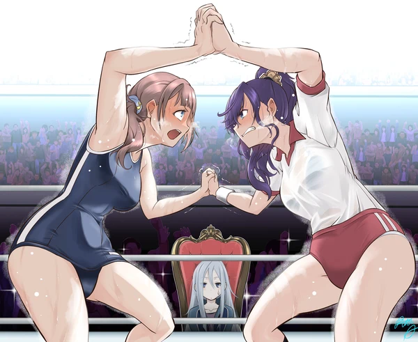 3girls angry asahina_mafuyu brown_hair crowd gym_uniform intertwined_fingers mochizuki_honami multiple_girls project_sekai purple_hair school_uniform sweat throne trembling wrestling wrestling_ring wristband yoisaki_kanade