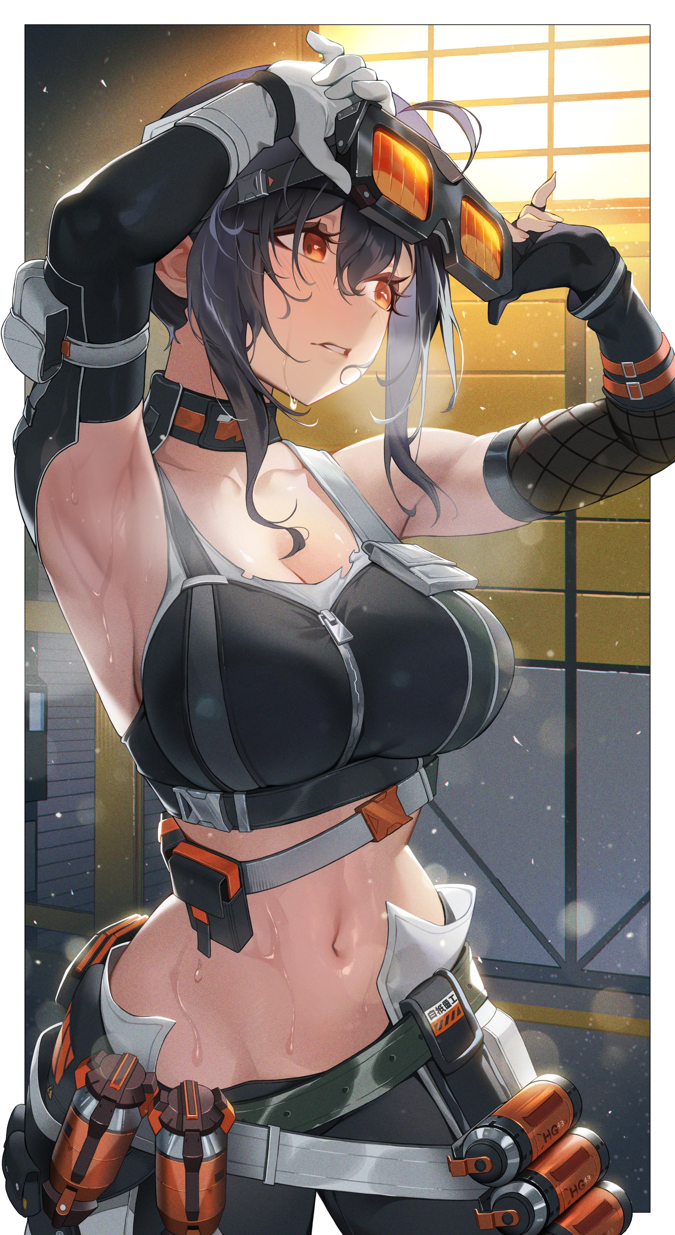 1girls, 2025, 2d, 2d (artwork), about to burst, absurdres, arm pouch, armpits, arms up, asymmetrical gloves, barely contained, barely contained breasts, barely fits, belt, black gloves, black hair, black pants, black sports bra, border, breasts, breasts too big, bursting breasts, crop top, engineer, female, fingerless gloves, fishnet gloves, fishnets, gloves, goggles, goggles on head, grace howard, grey belt, hair up, highres, human, human only, imminent wardrobe malfunction, large breasts, light particles, mechanic, midriff, mismatched gloves, navel, ninebell, orange eyes, pants, questionable, sfw, sidelocks, single fingerless glove, solo, sports bra, stomach, sweat, tight fit, too tight, undersized clothes, undersized clothing, white border, white gloves, zenless zone zero, zipper top