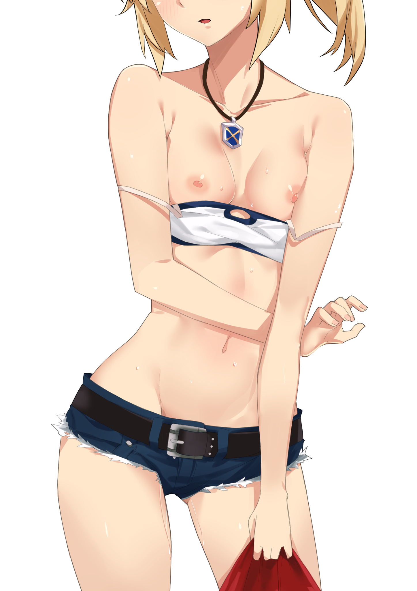 1girls, bare shoulders, belt, black belt, blonde hair, blue shorts, breasts, collarbone, denim, denim shorts, fate (series), fate/apocrypha, female, female only, highres, mordred (fate), mordred (fate/apocrypha), morisobo, navel, necklace, nipples, open mouth, ponytail, short hair, short shorts, shorts, simple background, small breasts, solo, standing, sweat, white background