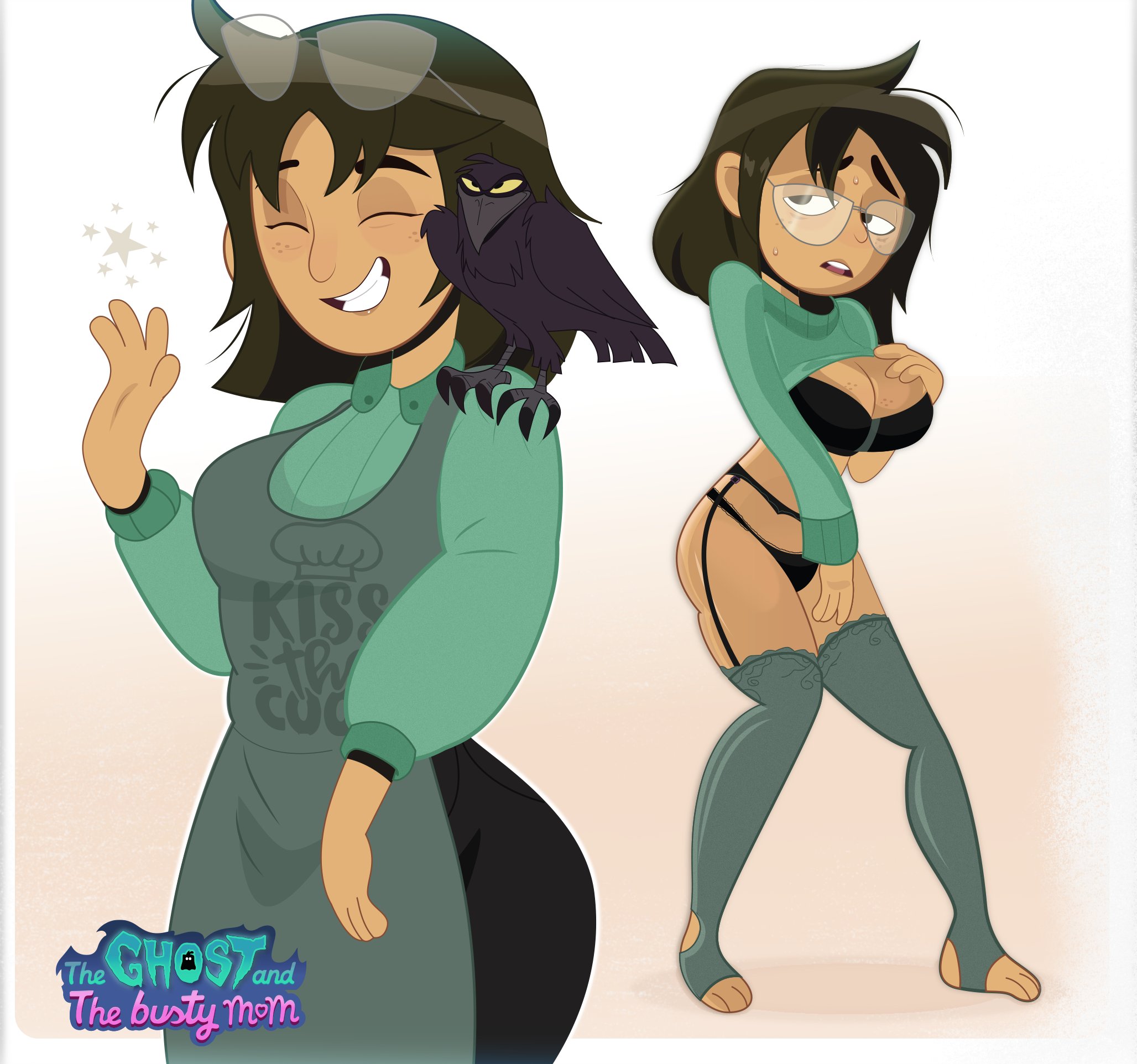 2d, aged up, big breasts, black garter belt, breasts, crow, disney, disney channel, female, glasses, gosgoz, green thighhighs, libby stein-torres, milf, short hair, smiling, the ghost and molly mcgee
