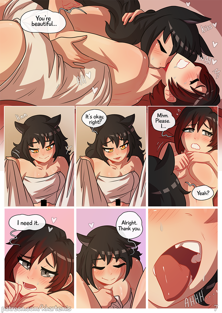 2d 2girls big_breasts black_hair blake_belladonna breasts cat_ears catgirl clothing comic comic_page couple dress english_text faunus female female_only khartemis kissing large_breasts long_hair multiple_girls muscular muscular_female on_bed open_mouth page_7 pale_skin pussy pussy_juice pussy_juice_drip red_hair rooster_teeth ruby_rose rwby short_hair team_rwby text text_bubble thick_thighs thighs tongue tongue_out wet yellow_eyes yuri