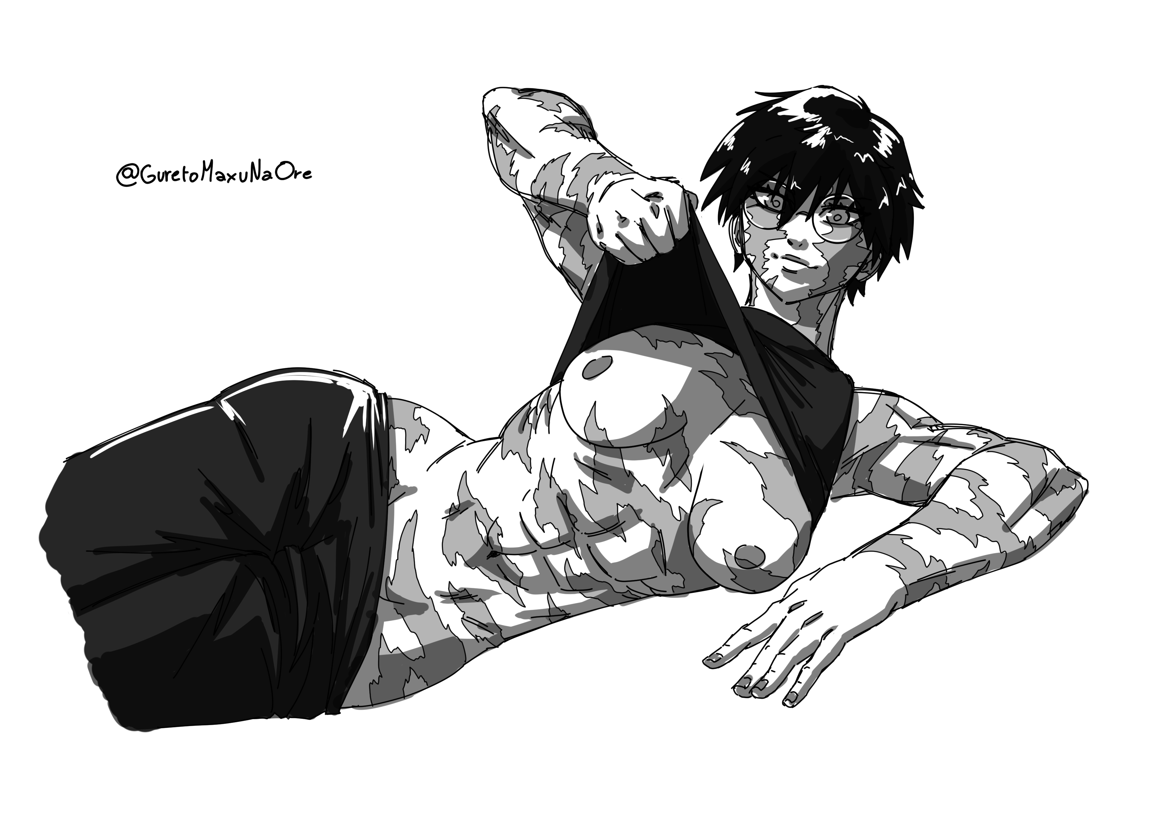 1girls, abs, breasts, burn scar, female, female only, glasses, jujutsu kaisen, muscular, muscular female, round glasses, scar, scar on face, scars, short hair, solo female, zenin maki