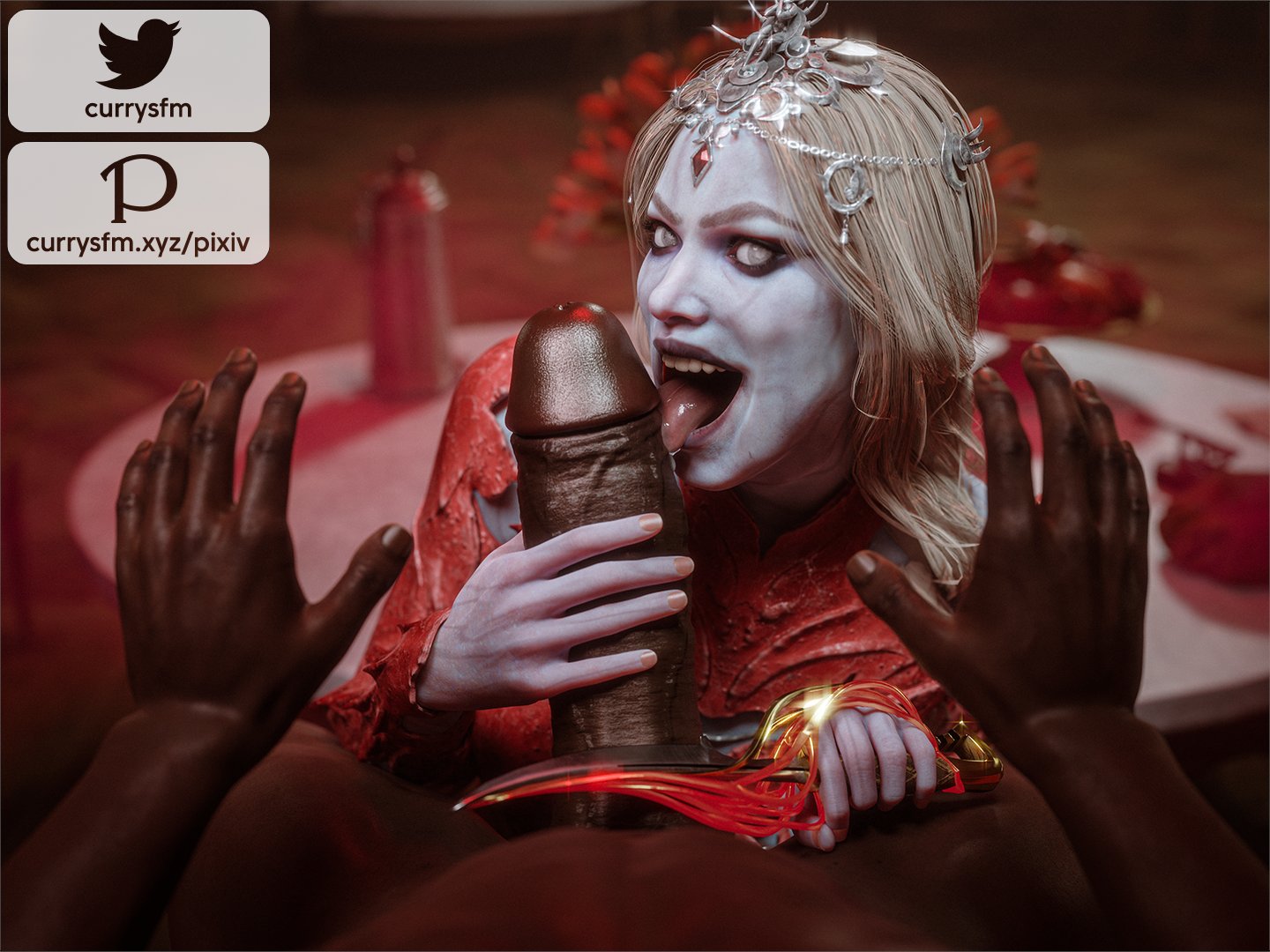 3d, baldur's gate, baldur's gate 3, big dick, big penis, currysfm, dark skin, dark-skinned male, dungeons and dragons, imminent castration, imminent death, interracial, knife, licking penis, male, orin the red, penis, threatening, tongue, tongue out, watermark, white eyes, white hair, white skin