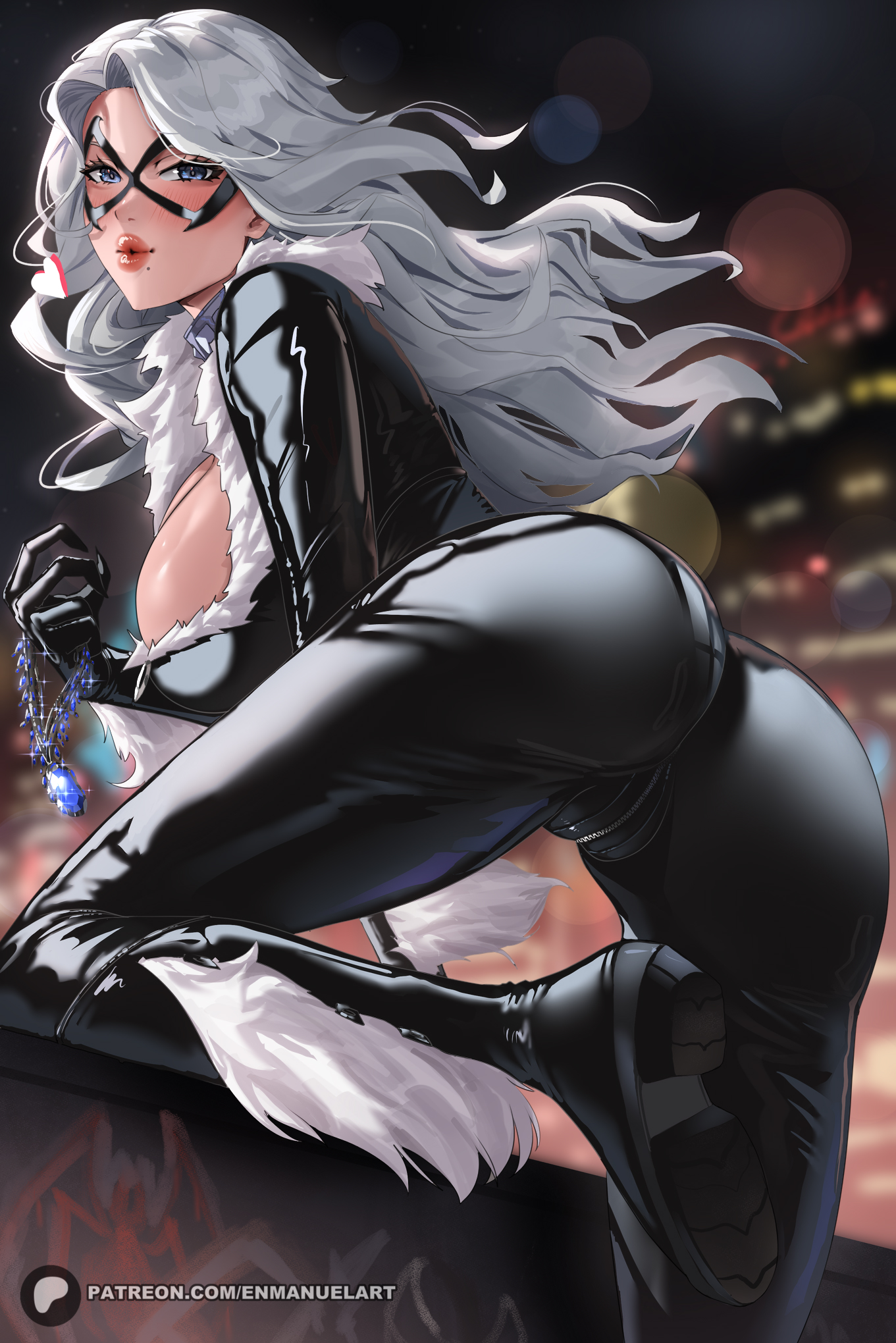 1girls, ass, black cat (marvel), blue eyes, bodysuit, breasts, enmanuelart20, felicia hardy, female, huge ass, huge breasts, long hair, marvel, marvel comics, mask, spider-man (ps4), spider-man (series), white hair
