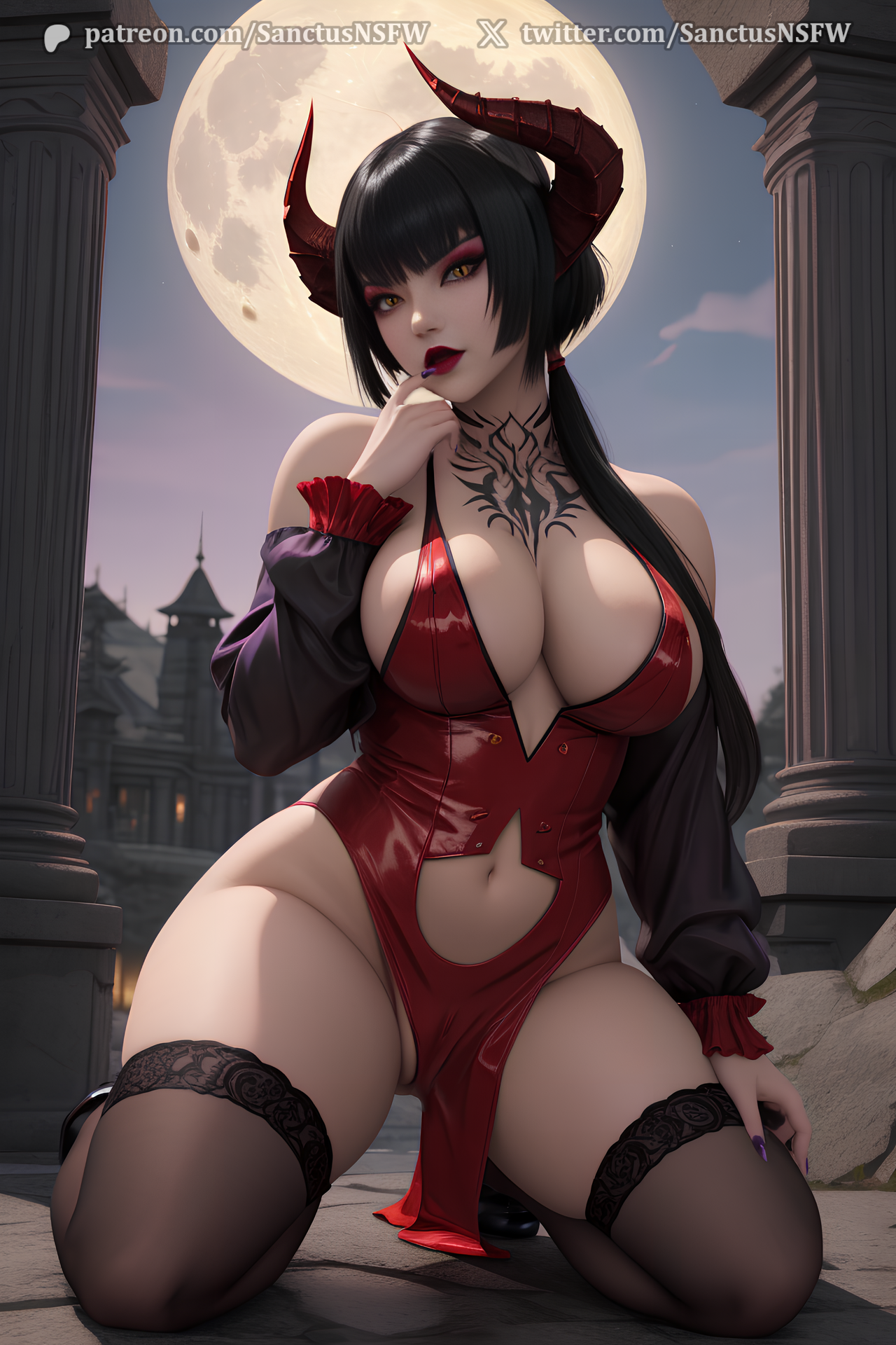 1girls, ai generated, black hair, breasts, dark fantasy, eliza (tekken), female, female focus, female only, goth, goth girl, gothic, hair, hi res, highres, horns, light skin, namco, sanctusnsfw, solo, solo female, stockings, tattoo, tekken, tekken 7, thick thighs, thighs