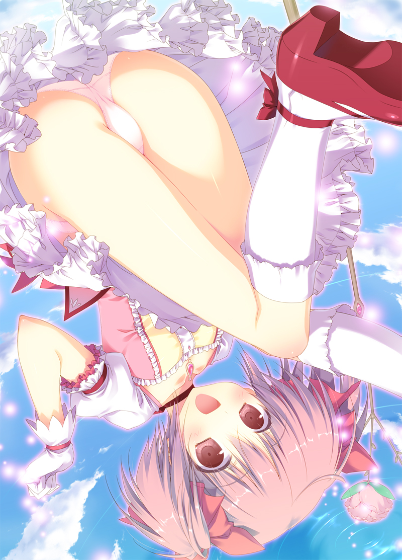 :d blue_sky blush bow bubble_skirt choker cloud cloudy_sky day female frills gloves hair_ribbon hairbow kneehighs madoka_kaname magical_girl open_mouth panties pantyshot pendant pink_eyes pink_hair pink_panties puella_magi_madoka_magica puffy_sleeves red_choker ribbon shoes short_hair short_twintails skirt sky smile twintails underwear white_gloves