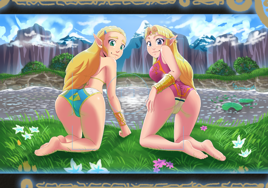 2girls a_link_between_worlds ass barefoot big_ass bikini blonde_hair blonde_hair_female breath_of_the_wild female female_only flower from_behind grass green_eyes gummybanana jewelry kneeling long_hair looking_at_viewer looking_back multiple_girls multiple_versions nature nintendo outside presenting princess_zelda sheikah_slate smiling swimsuit the_legend_of_zelda water zelda_(a_link_between_worlds) zelda_(breath_of_the_wild)