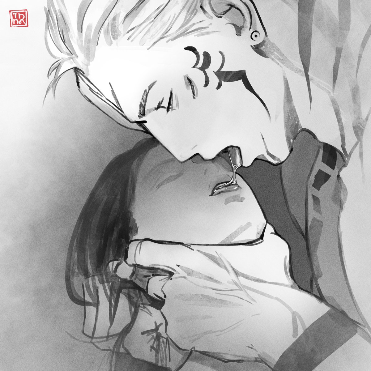 1boy, 1girls, female, hand on hair, hand on neck, innaillus, jujutsu kaisen, looking at another, male, mouth open, ryoumen sukuna (jujutsu kaisen), saliva on tongue, tagme, tattoo, tongue, veiny hands, yorozu (jujutsu kaisen)