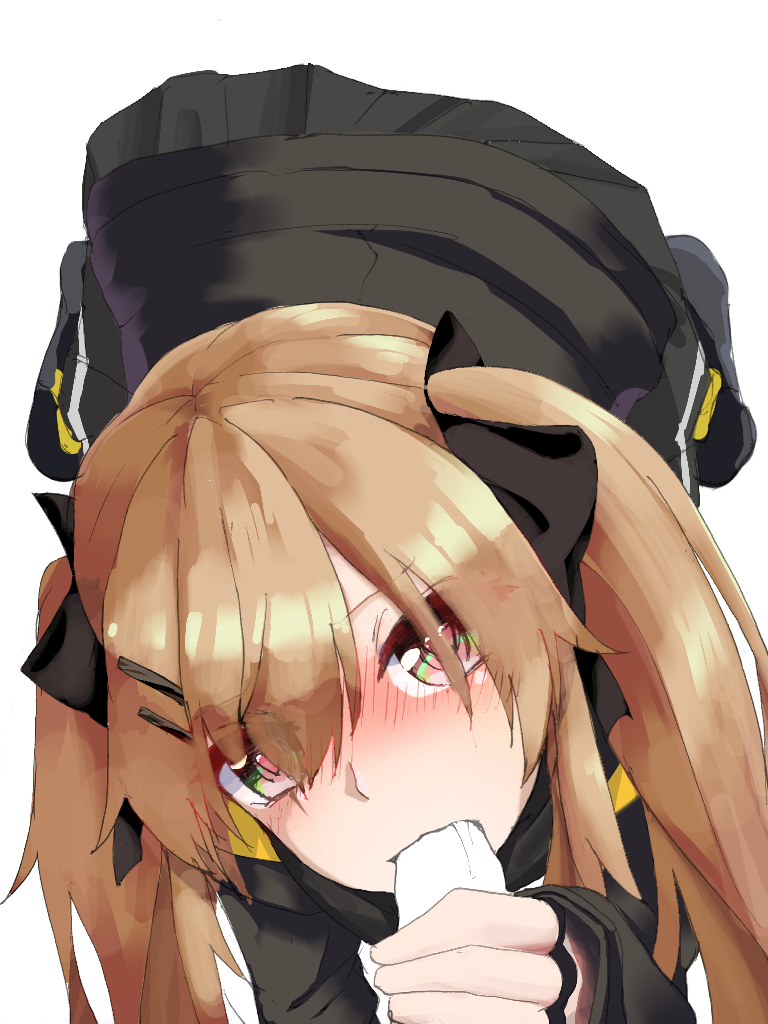 blush brown_hair fellatio female girls'_frontline hair_ornament looking_at_viewer oral penis saliva simple_background twintails ump9_(girls'_frontline) yanagui