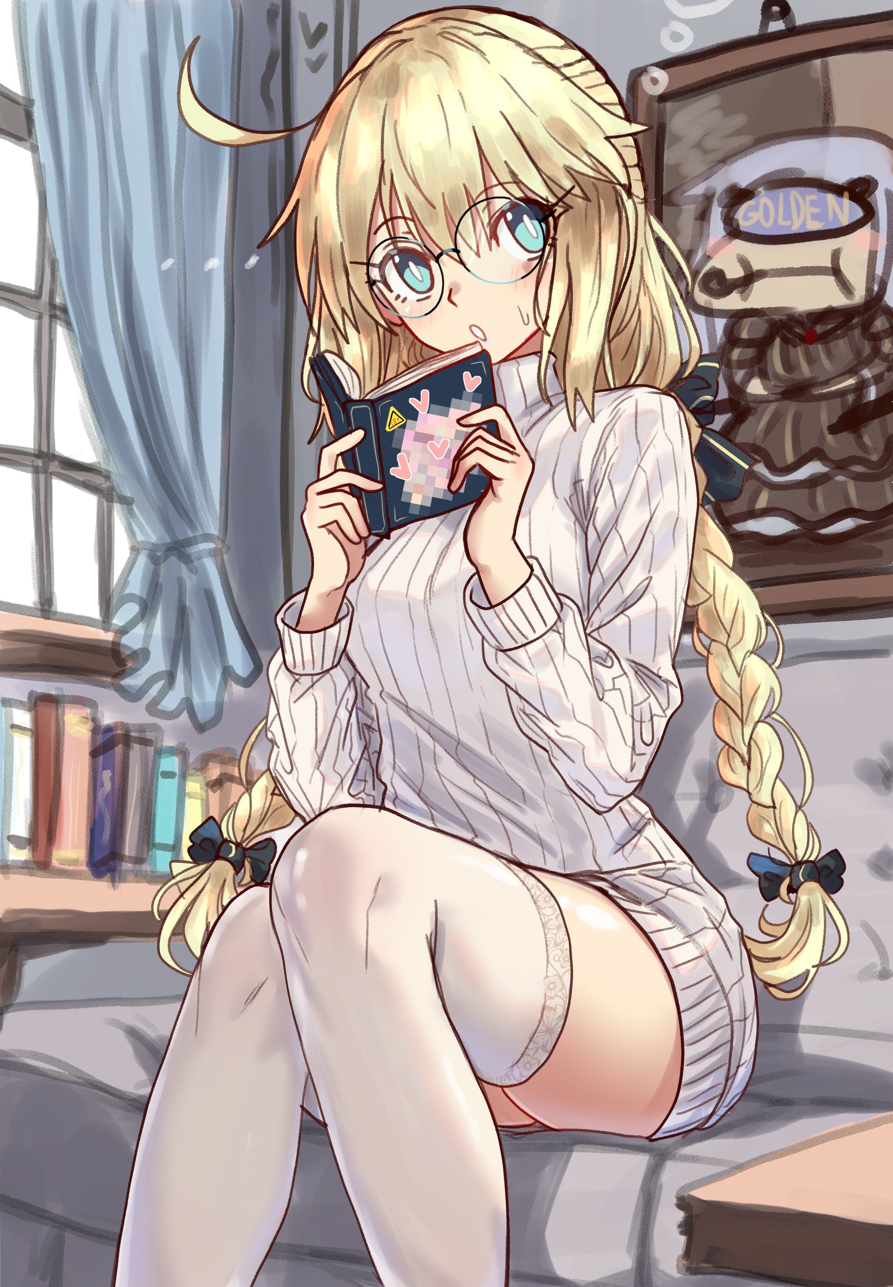 1girls, ahoge, blonde hair, blue eyes, blush, breasts, ebora, fate (series), fate/grand order, female, glasses, hi res, light skin, light-skinned female, looking at viewer, medium breasts, round glasses, thighhighs, thighs, tonelico (fate), twin braids, youngmanisdown