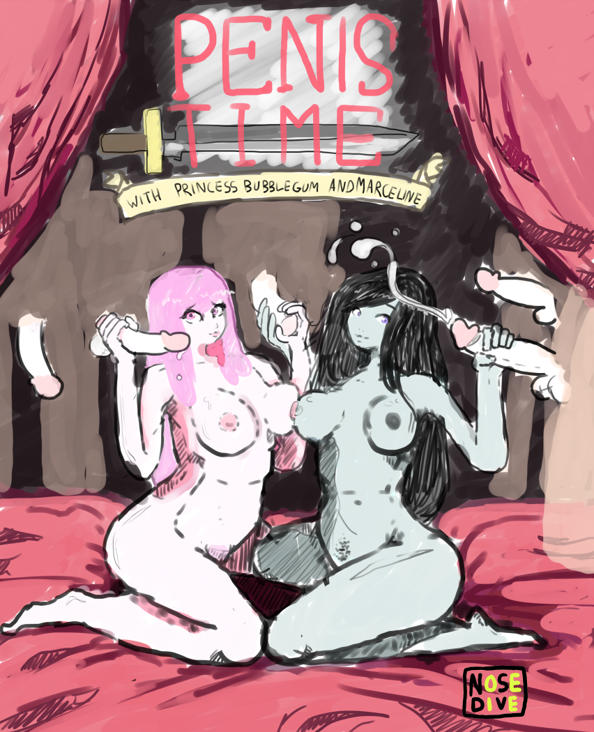 adventure_time black_hair breasts cartoon_network handjob marceline multiple_girls multiple_penises nosedive nude nude_female pink_hair pink_skin princess_bubblegum surrounded_by_penises tagme