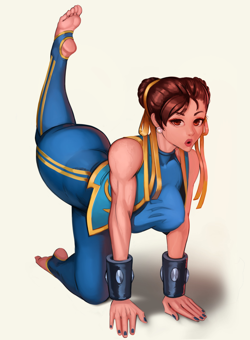 chun-li, feet, feet up, female, looking at viewer, open mouth, soles, stirrup legwear, street fighter, street fighter alpha, toes, yoga pose