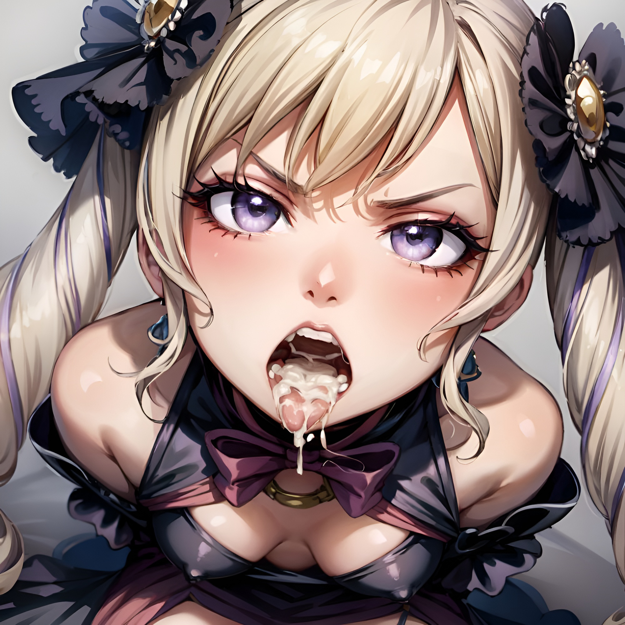 1girls, after fellatio, after oral, ai generated, angry, angry face, arbitrary, blonde hair, breasts, cleavage, cum, cum dripping from mouth, cum in mouth, elise (fire emblem), female, fire emblem, fire emblem fates, highres, nintendo, nipple bulge, open mouth, oral creampie, purple eyes, small breasts, stable diffusion, tongue, tongue out, twin drills, twintails