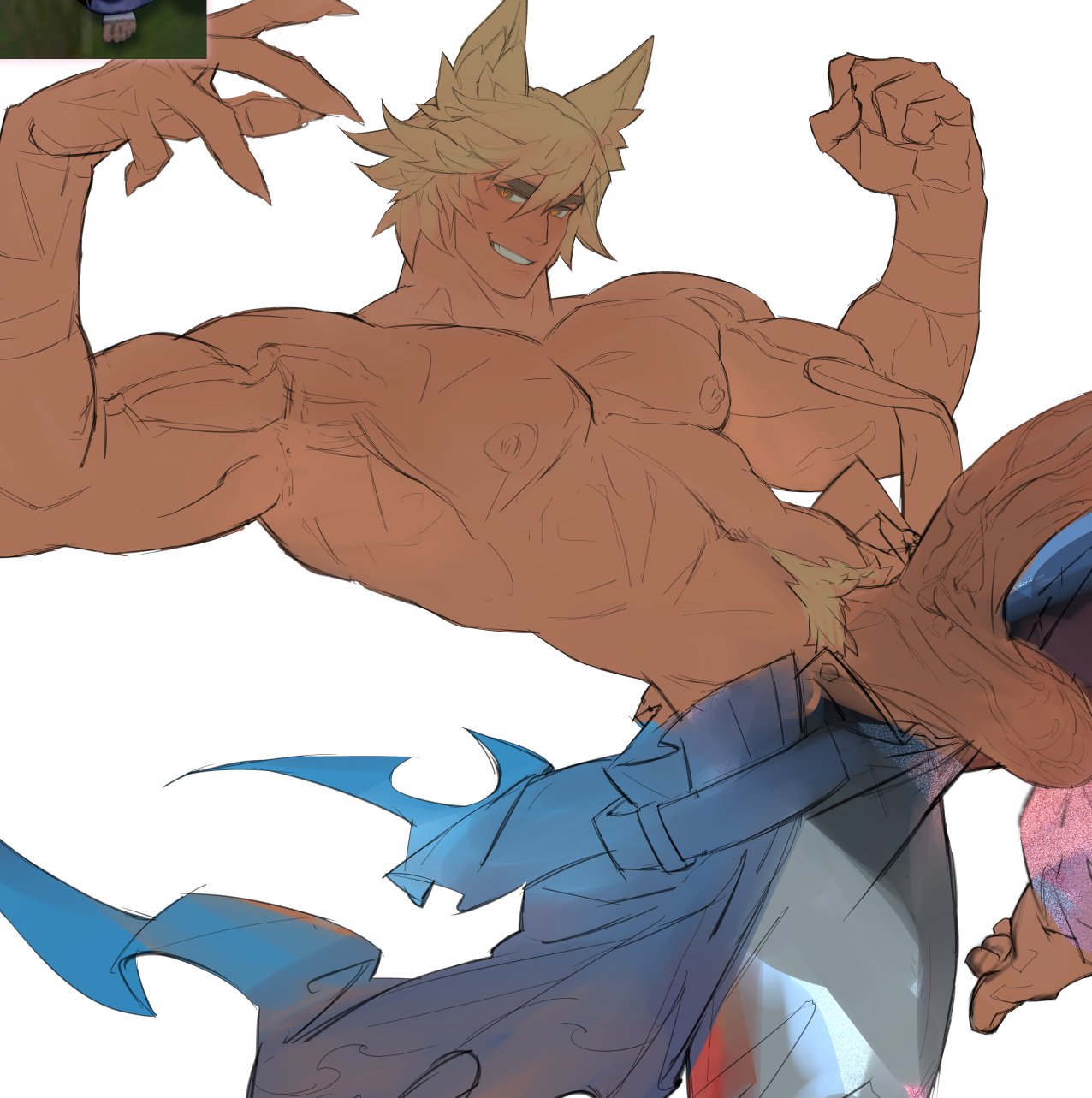 1boy bara blonde_hair denim half-erect highres horikwawataru huge_cock huge_eyebrows jeans large_hands large_pectorals league_of_legends looking_at_viewer male_focus male_pubic_hair muscular muscular_male navel nipples official_alternate_costume open_pants outstretched_arms pants pectorals penis penis_out_of_frame pubic_hair seductive_smile sett short_hair smile soul_fighter_series soul_fighter_sett spread_arms stomach topless_male unfinished veins veiny_penis