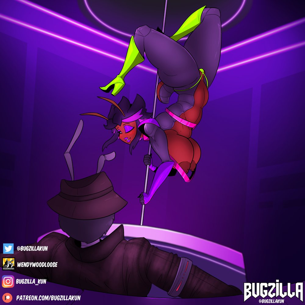 1:1 abs ant antennae_(anatomy) anthony_(agent_nutbust) anthro areola arthropod arthropod_abdomen big_breasts black_hair boots breasts bugzilla bugzilla_(character) clothing crustacean detailed_background duo female footwear genitals grey_body hair hat headgear headwear high_heeled_boots high_heels highlights_(coloring) hymenopteran insects isopoda jacket malacostracan male marine multicolored_body neon_lights nipples pill_bug pole purple_body purple_hair purple_highlights pussy pussy_floss red_body short_hair stripper_pole thick_thighs thong topwear two_tone_body underwear woodlouse