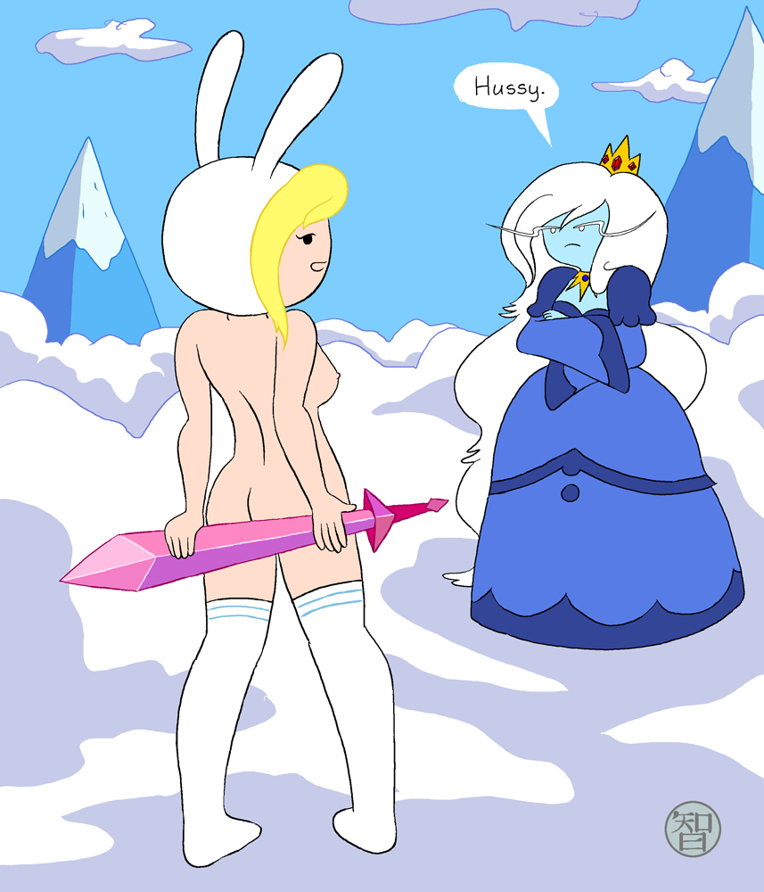 adventure_time casual cold_setting coldfusion dialogue fionna_the_human_girl ice_queen_(adventure_time) legwear nude snow speech_bubble sword tagme text thighhighs weapon