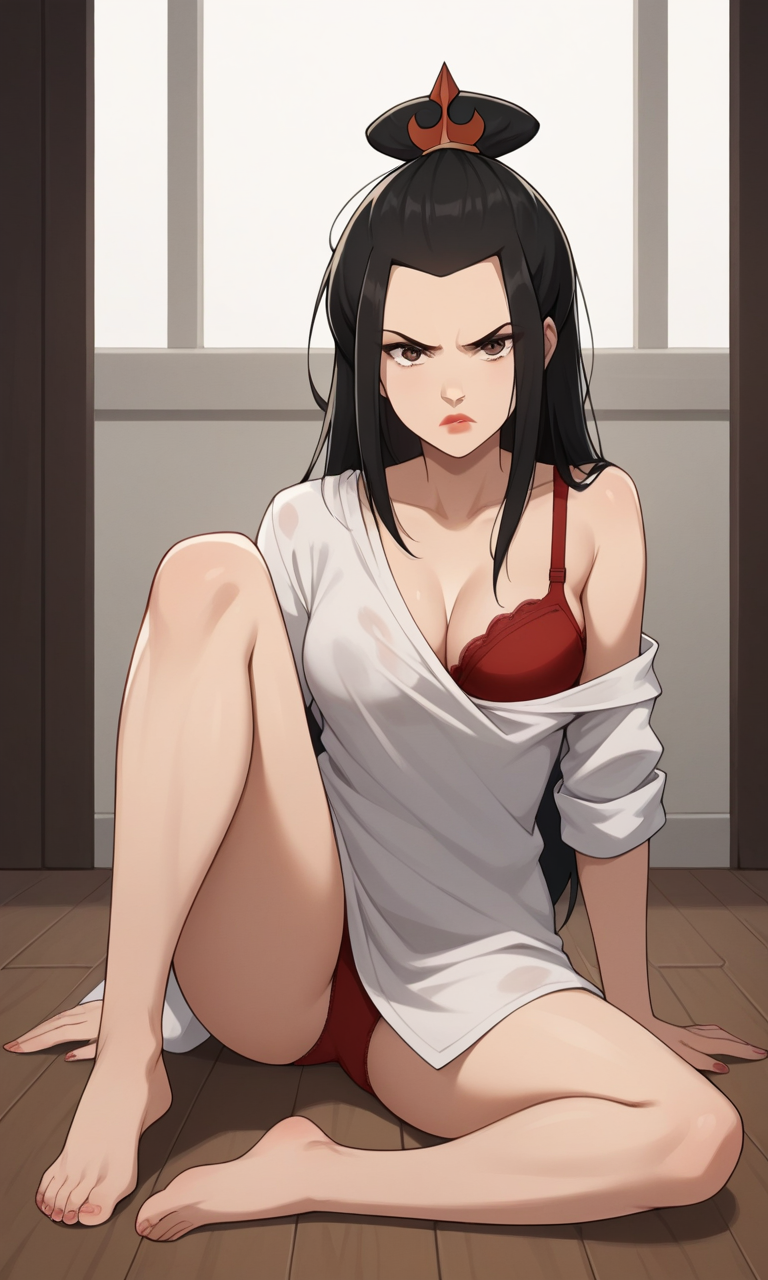 1girls ai_generated ass avatar_legends avatar_the_last_airbender azula barefoot bigmic145 bra breasts cleavage clothed clothed_female feet long_hair loose_clothes nail_polish nickelodeon off_shoulder oversized_clothes panties princess red_nails rolled_up_sleeves solo solo_female