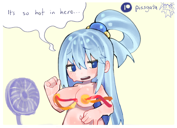 1girls aqua_(konosuba) belly_button big_breasts blue_eyes blue_hair blush hair_accessory kono_subarashii_sekai_ni_shukufuku_wo! long_hair open_mouth pasties pissgata self_upload shiny_skin speech_bubble sweat sweating wide_hips wind