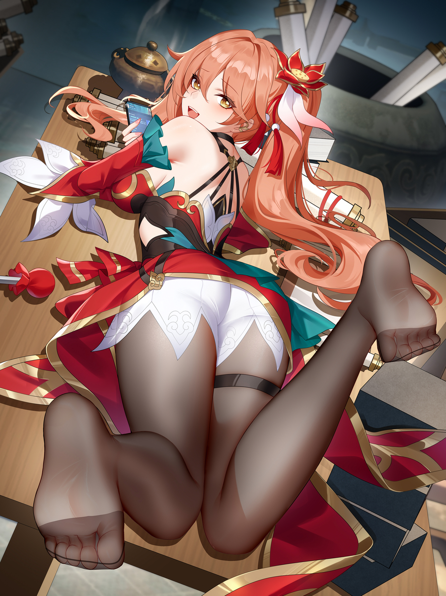 1girls, ass, feet, female, female only, guinaifen (honkai: star rail), honkai: star rail, long hair, looking at viewer, looking back, orange hair, pantyhose, solo, solo female, thick thighs, yellow eyes