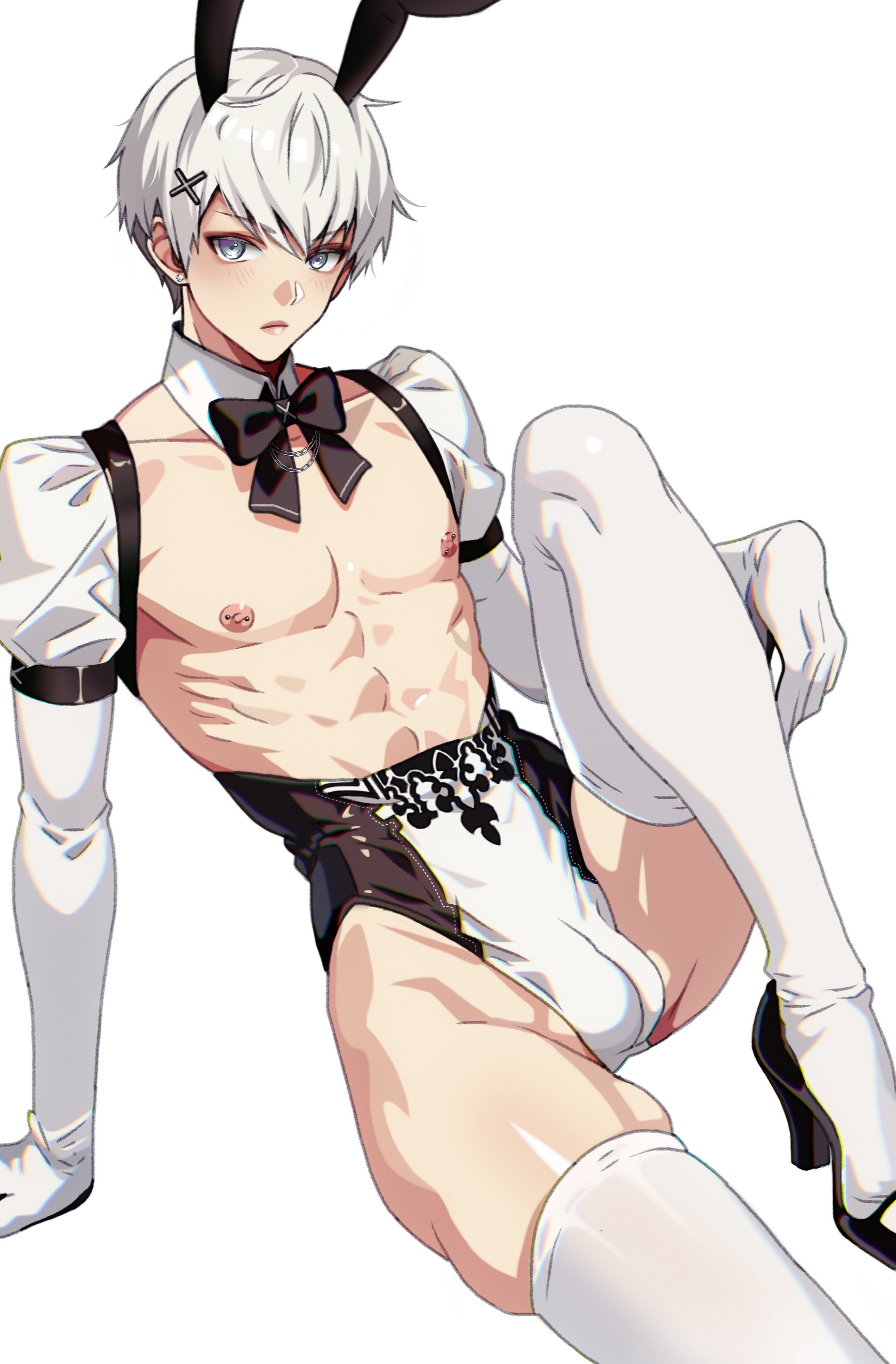 1boy, alecnsfw, balls, balls under clothes, bulge, bunny ears, bunnysuit, crossdressing, femboy, light skin, light-skinned male, looking at viewer, male, male focus, nier, nier: automata, penis, penis under clothes, pierced nipples, short hair, testicles, thighhighs, trap, white background, white hair, yorha 9s